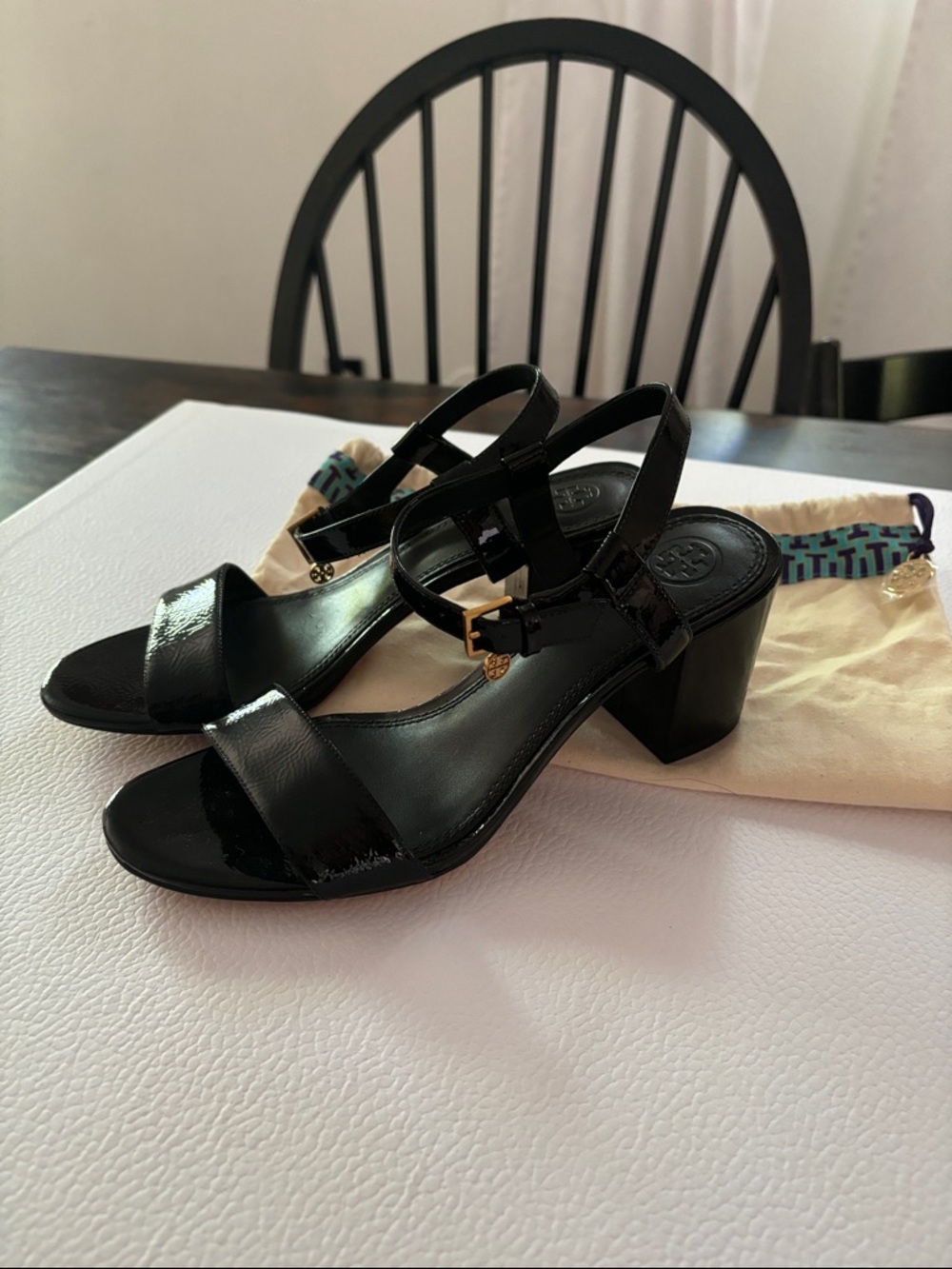Tory Burch Black Patent Leather Mid Block Heel Sandals